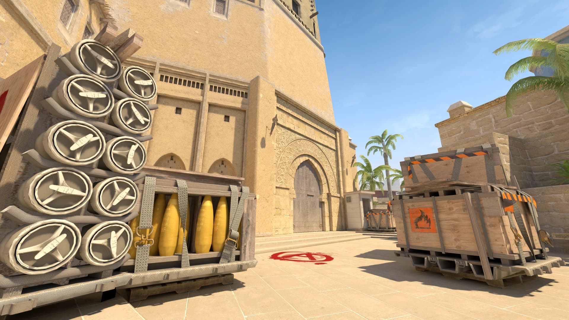 Counter-Strike 2 Mirage sky and architecture used as a jump-throw aim reference